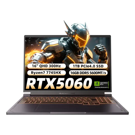 Laptop Gamer RTX 5060 8GB VRAM Ryzen 7 7745HX Machenike L16S 16GB DDR5 1TB SSD 16" QHD 300Hz Win11 Pro Teclado UK-Español Latino DLSS 4.5