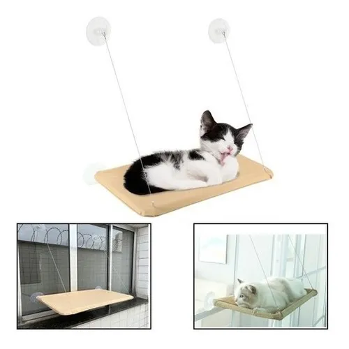 Cama De Gato Suspensa Para Janela Caminha Ventosas Rede Pet Cor Bege