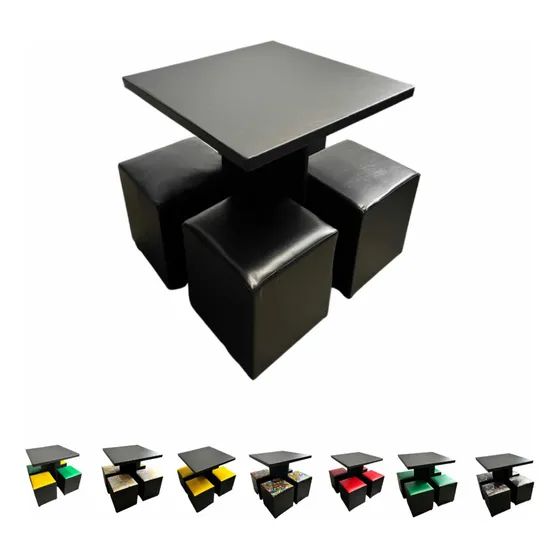 Conjunto Mesa Sala Jantar C/ 4 Cadeiras Puffs P/ Sacada Cor Preto