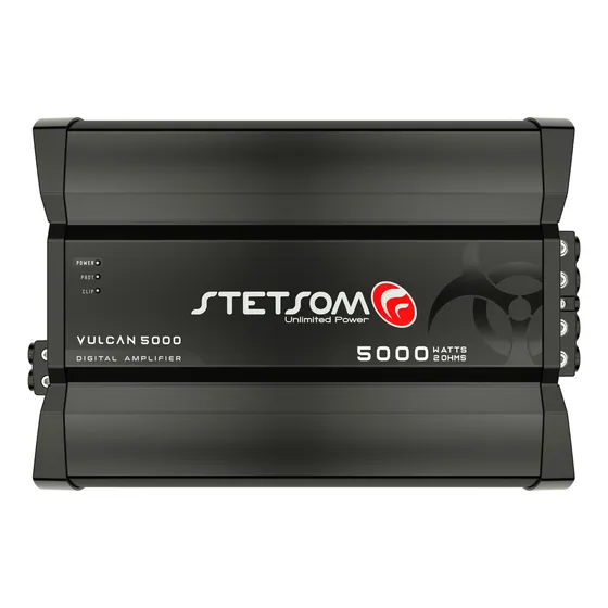 Módulo Stetsom Vulcan 5000 2 Ohms Amplificador Mono Full Range 10Hz ~ 12KHz 5000W RMS em 2 Ohms Entrada RCA 1 Canal 5000W em 12.6v e 5300W em 14.4v com HPF e LPF – Atende Sub, Woofers, Driver e Tweet