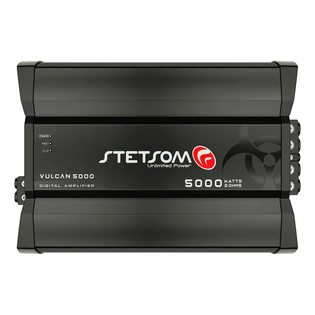 Módulo Stetsom Vulcan 5000 2 Ohms Amplificador Mono Full Range 10Hz ~ 12KHz 5000W RMS em 2 Ohms Entrada RCA 1 Canal 5000W em 12.6v e 5300W em 14.4v com HPF e LPF – Atende Sub, Woofers, Driver e Tweet