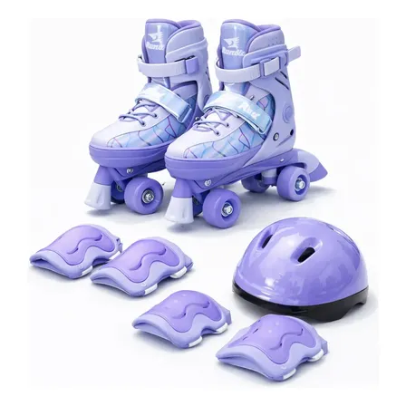 Roller Patins Infantil Rosa 4 Rodas + Kit Proteção Adulto 36 - 39 Ajustável Lilás