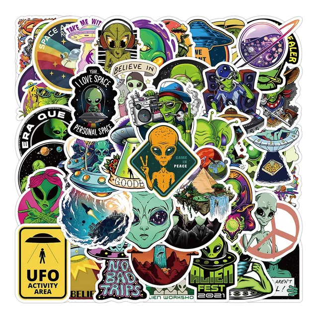 Aliens Espacio 50 Calcomanias Stickers Pvc Contra Agua