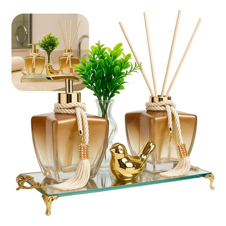 Kit Banheiro Lavabo Vidros Luxo C/ Bandeja Espelhada Decor Kit Banheiro Lavabo Vidros Luxo C/ Bandeja Espelhada Decor