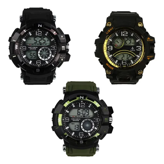 3 Relógio Masculino Sport-shock Prova D´água Atacado Correia Preto Bisel Preto Fundo Preto