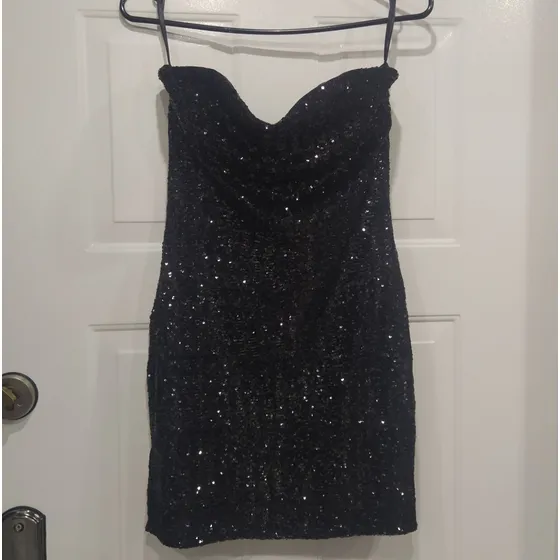 Vestido Corto De Lentejuelas, Negro, Talla L, Usado
