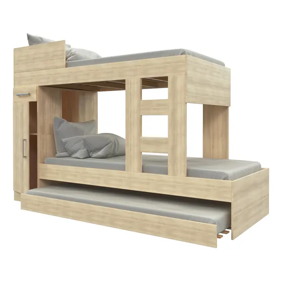 Cama Cucheta Triple 1 Plaza Orlandi Superpuesta Color Abedul 603 Con Armario Cajon Y Escalera En Melamina