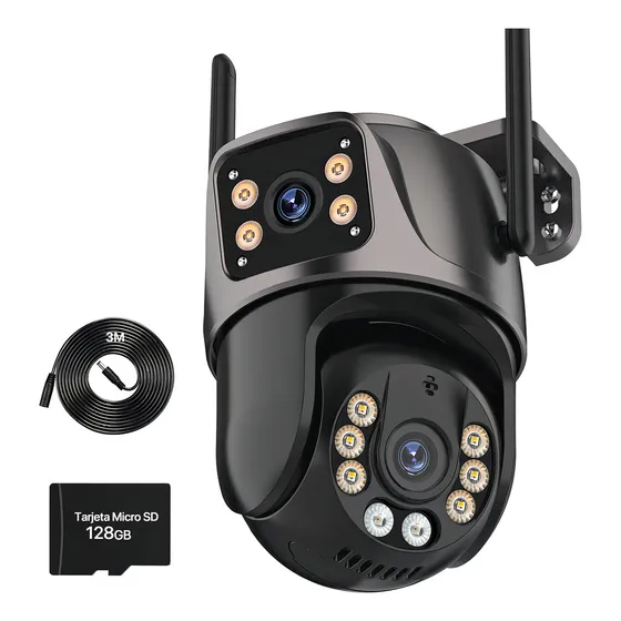 Cámara de Seguridad Wifi Doble Lente Visión Nocturna Seguimiento Automático Alarma con Tarjeta Sd 128gb