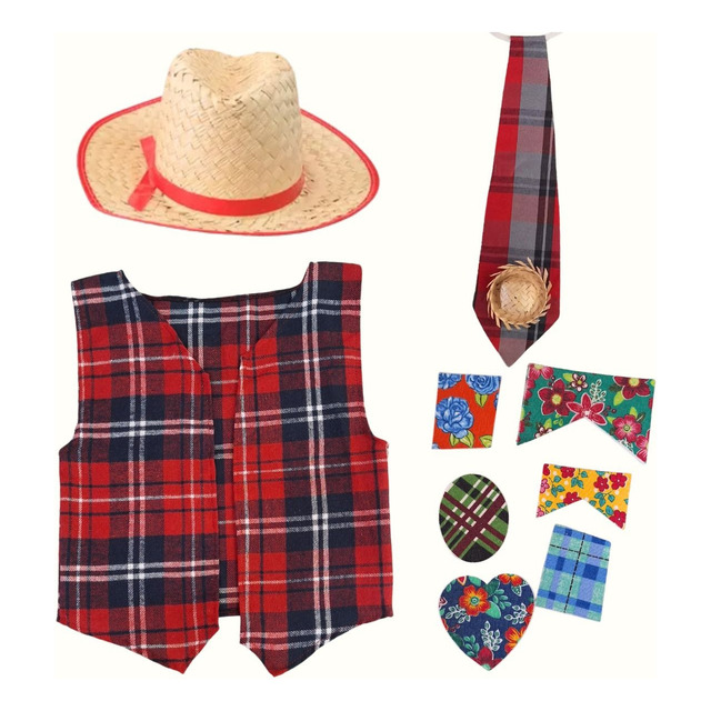 Kit Festa Junina Roupa Menino Chapéu Colete Gravata Remendo - 6 a 10 anos Kit Festa Junina Roupa Menino Chapéu Colete Gravata Remendo - 6 a 10 anos