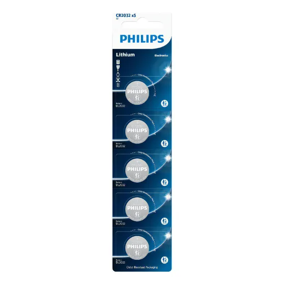 05 Baterias Pilha CR2032 3V Philips CR2032P5B/59 Moeda 1 Cartela
