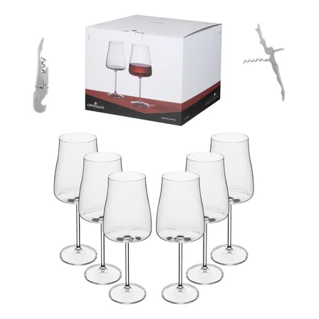 Jogo 6 Taças Vinho 400ml Premium Cristal Titânio Sommelier Alex Bohemia Com Saca Rolha Aço Inox Profissional
