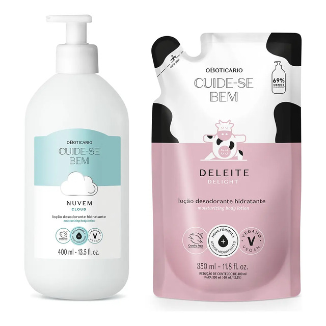 Combo O Boticário contendo um frasco de loção corporal Cuide-se Bem Nuvem de 400ml ao lado de um refil de loção Deleite de 350ml