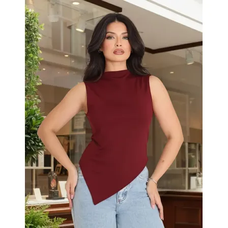 Blusa Básica Feminina Regata Assimétrica Elegante Casual