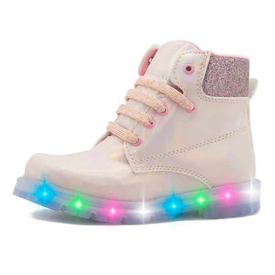Bota Niña Moda Con Luces Led Ninos Charol Rosa 12-18