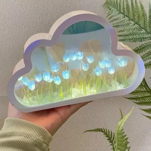 Luz Lámpara Noche Flor Tulipanes Nube Con Espejo Romántica Estructura Blanco Pantalla Agua
