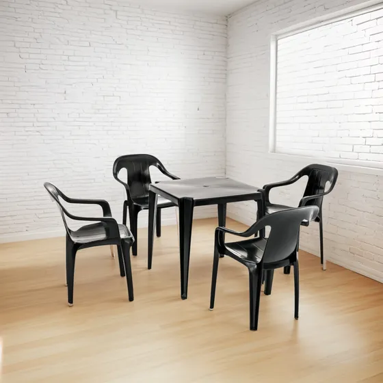 Conjunto Mesa E 4 Cadeiras De Plástico Poltronas - Preto