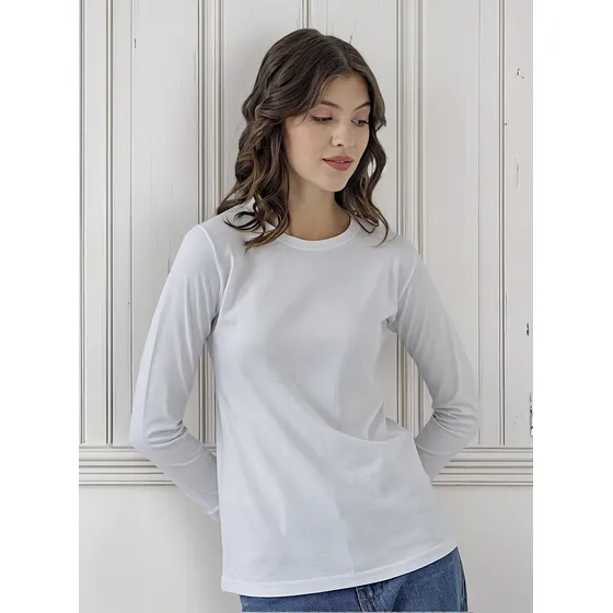 Remera Lisa Manga Larga Cuello Redondo Algodón Blanca Mujer