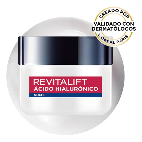 Crema Facial Hidratante de Noche, Revitalift Ácido Hialurónico, Hidrata intensamente por 24 horas y rellena las líneas de expresión, para una piel más tonificada de L'Oréal Paris
