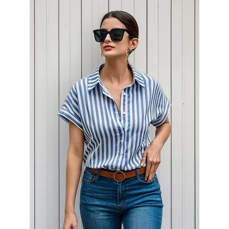 Camisa Blusa Manga Corta Cuello V De A Rayas Causal