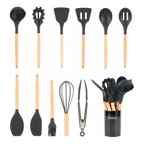 Set De Utensilios De Cocina 12 Piezas Silicón Negro Roccia