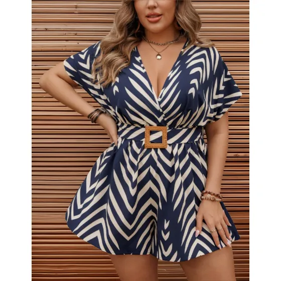 Jumpsuit Mono Short Corto Elegante Fiesta Formal Curvy Xl Azul Marino Rayada 2xl