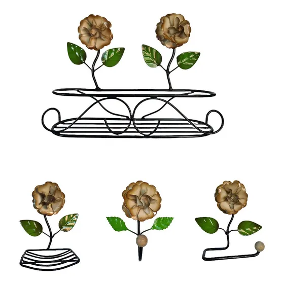 Kit Banheiro 4 Peças Em Ferro Com Flores Decorativas Rústico