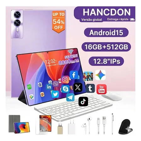 Tablet Android 15 Hancdon Tab Kit Completo Ram 16gb 512gb 12,8'' Hd Tela Apoia Wifi 2,4/4g/5g Dual Sim Bateria 8800mah... Lilás