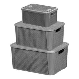 Kit 3 Caixas Organizadoras Tampa Rattan Retangular Cinza Kit 3 Caixas Organizadoras Tampa Rattan Retangular Cinza