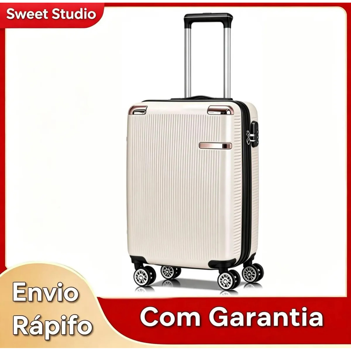 Mala de Bordo Rígida Sweet Studio Bege para Viagem, 55 cm, com Rodas Duplas e Cadeado