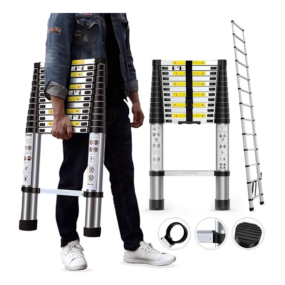 Escalera Telescópica 13 Peldaños Ajustable Retráctil 3.8 SelectShop HR4C5 Color Plateado