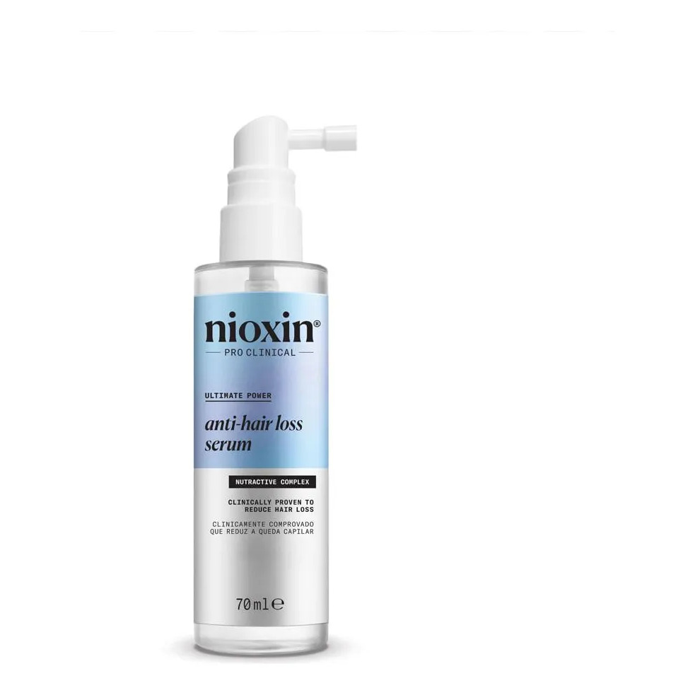Frasco de sérum antiqueda capilar Nioxin de 70ml com aplicador spray, rótulo azul e branco com informações sobre o Nutractive Complex.