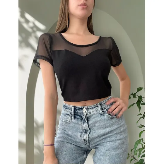 Top Manga Corta Princesa Tul Escote Corazon Moda Mujer