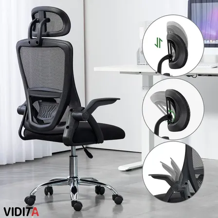 Silla Escritorio Ergonomica Emilia Plus Con Reposacabezas Apoyabrazos Ajustables Color Negro Malla Transpirable Marca Vidita