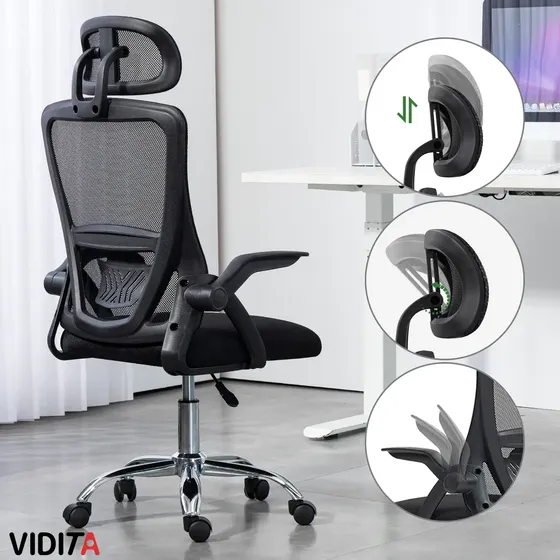 Silla Escritorio Ergonomica EMILIA PLUS Con Reposacabezas Apoyabrazos Ajustables Color Negro Malla Transpirable Marca VIDITA
