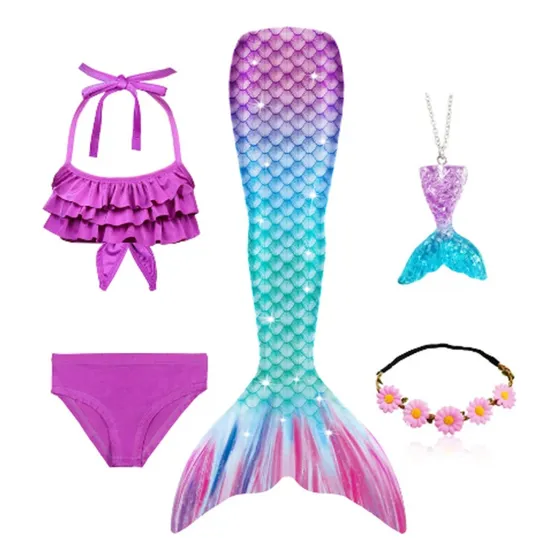 Traje De Baño Niñas Sirena Con Cola Morado 5 Piezas