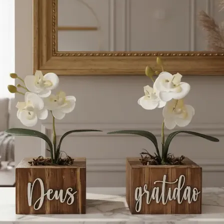 Orquídea Vaso De Madeira Decorativa Kit 2 Vasinhos E Plantas