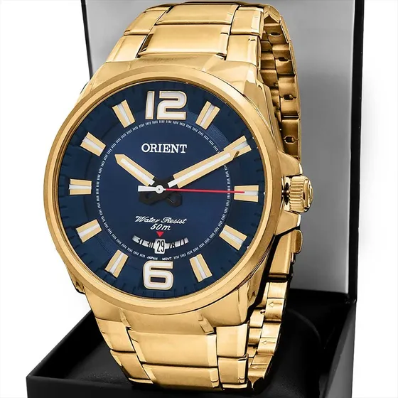 Relógio Orient Masculino Dourado Prova D'água Banhado A Ouro Cor do fundo Azul