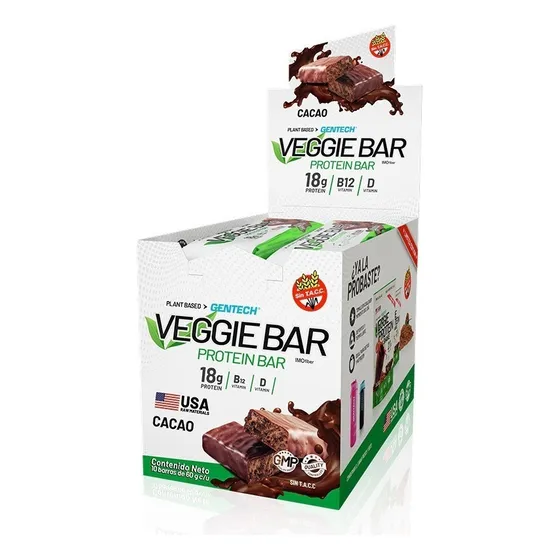 Protein Bar Veggie Caja X 10 Barras Proteicas Gentech Vegano Sabor Cacao