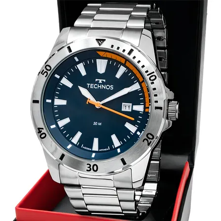 Relógio Technos Masculino Militar Prata Cor Do Fundo Azul