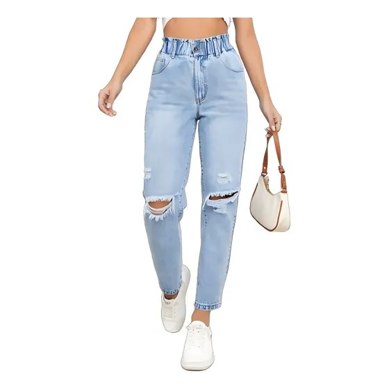 Pantalones De Mujer Vaqueros Rotos Azul Claro Con Elástico