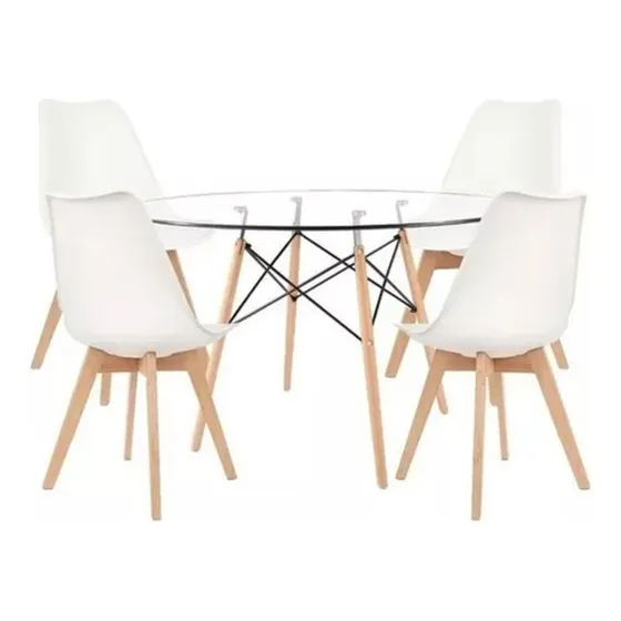 Juego Comedor Mesa Redonda Eames Vidrio 100 + 4 Sillas Tulip