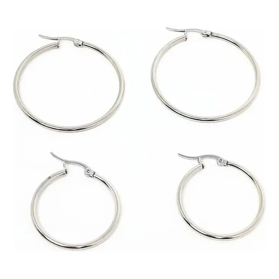 Brinco Feminino Argola Aço Inox Kit 2 Pares Hipoalergênico