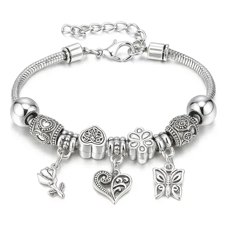 Pulseira Berloques Pingentes Prata Life Coracao Desenhos Cor