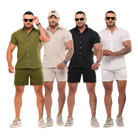 Conjunto Masculino Linho Camisa Shorts Mauricinho Com Bolso