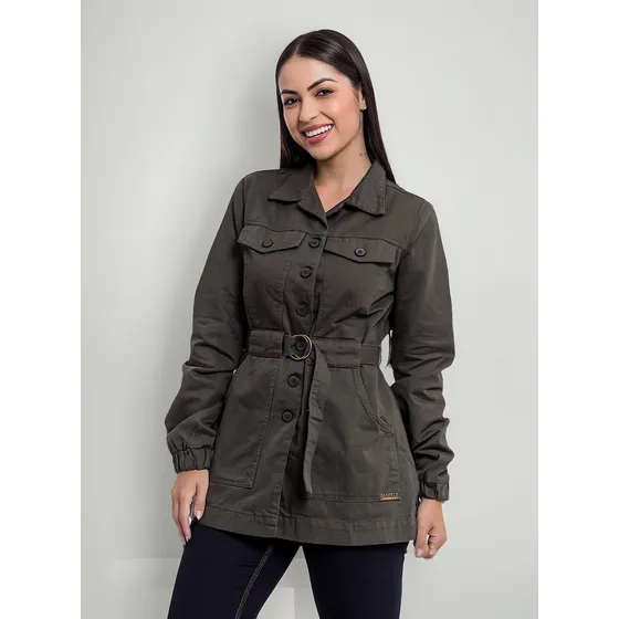 Jaqueta Parka Jeans E Brim Com Cinto Varias Cores Casaco 