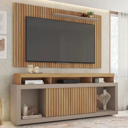 Rack Bancada Com Painel Ripado Para Tv Até 65 Polegadas 1,80m Panamá Buriti / Fendi Caemmun