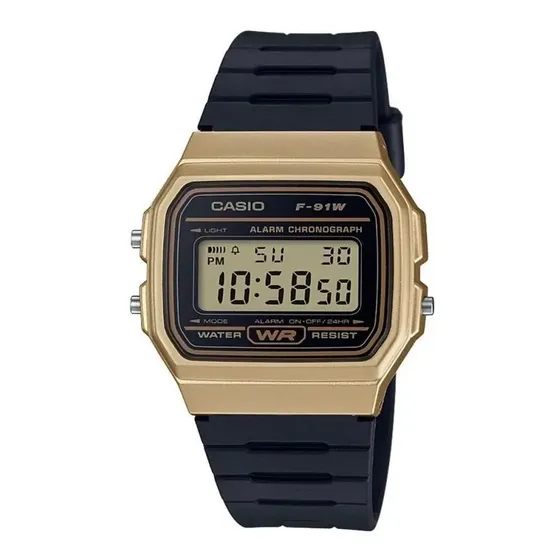 Reloj pulsera Casio Collection F91w de cuerpo color dorado, digital, fondo dorado, con correa de resina color negro, dial negro, minutero\u002Fsegundero negro, bisel color negro, luz verde oscuro y... | Cuotas sin interés