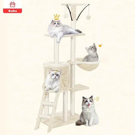 Rascadores Para Gatos Michis Torre Con Hamaca Yute Bola 138cm Color Crema Blanca Marca Koba
