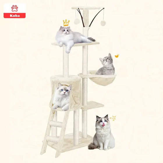Rascadores Para Gatos Michis Torre Con Hamaca Yute Bola 138cm Color Crema Blanca Marca Koba