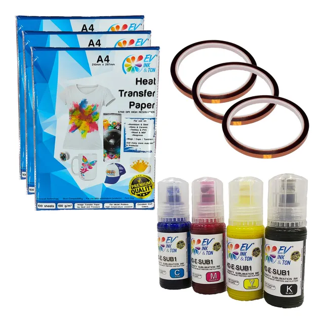 Kit 4 Tinta Sublimación 70mlc/u 300hj Papel 3 Cinta Térmica Tinta Cmyk